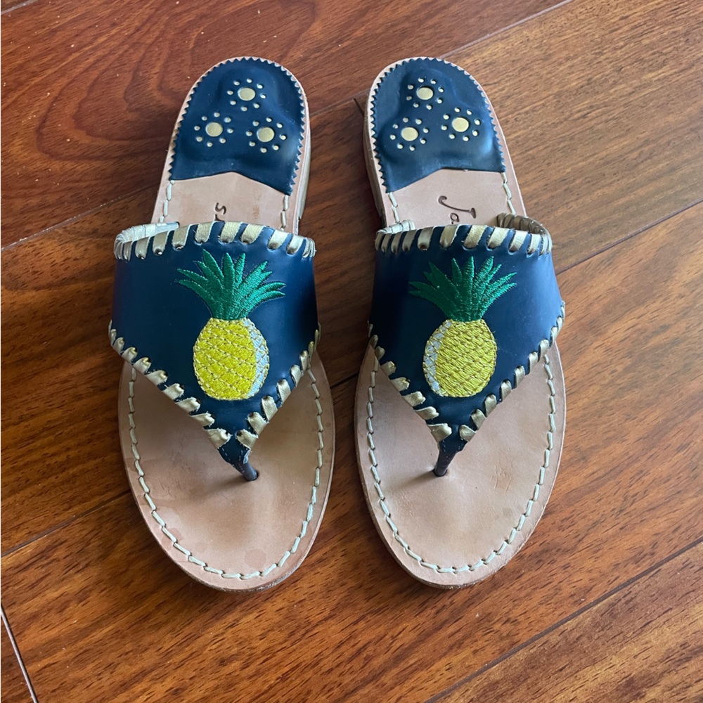 Jack Rogers Navy leather pineapple embroidered sandals 6